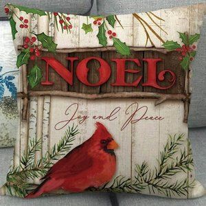Pillow Cover-NEW-Christmas Winter Cardinal Noel- 18x18"- Canvas Has Zipper